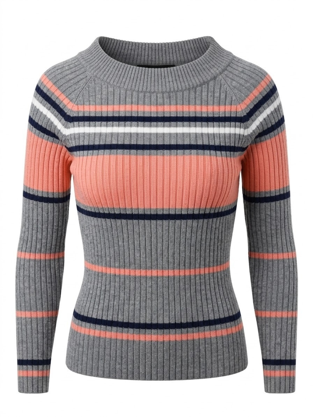 Ambiance Grey Ribbed Crewneck Sweater with Coral, Navy & White Stripes